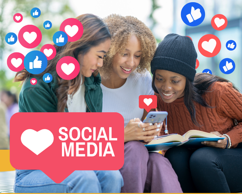 Photo of three people looking at a cell phone screen with Instagram "like" and "thumbs up" icons surrponding them