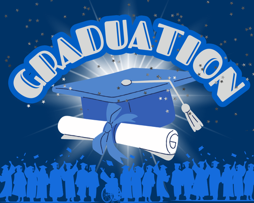 Silhouettes of people wearing graduarion regalia tossing mortar board caps in the air and one large cap with a tassle and diploma and smaill stars top border