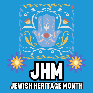 JHM Jewish Heritage Month text with graphic of a Hamsa hand