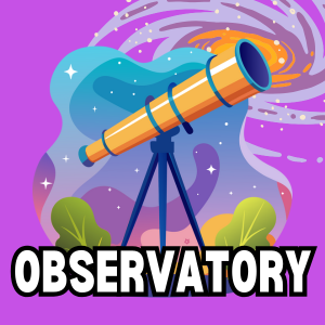 Observatory text with graphic of telescope