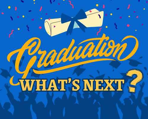 Rolled diploma, confetti, and graduates tossing caps in the air