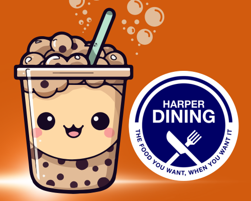 Harper Dining logo of plate with crossed fork and knife and cartoom cup of boba