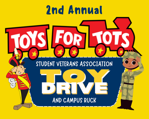Toy Drive logo with Toys for Tots train logo and tin soldier and toy soldier in camouflage saluting