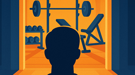 Illustration of person looking at weight set with apprehension