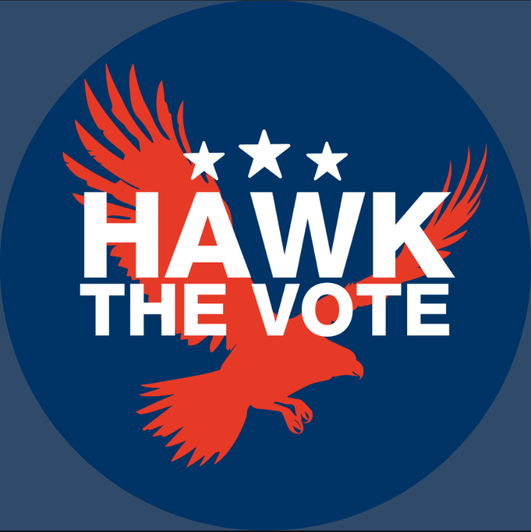 Hawk the Vote with a red eagle and three white stars on a blue background