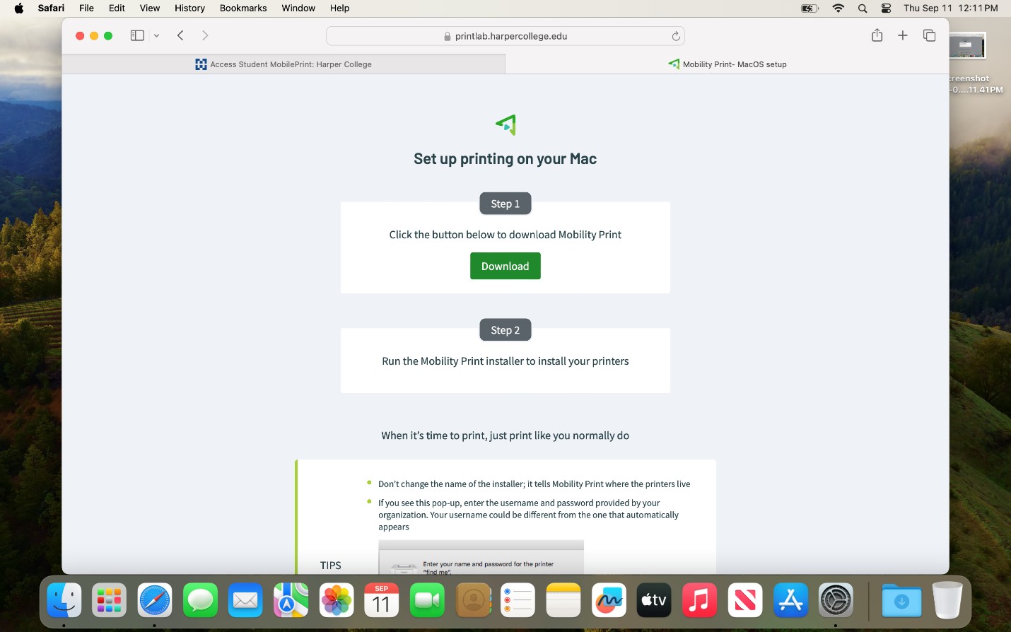 Safari window showing the Mobility Print download page for Mac.
