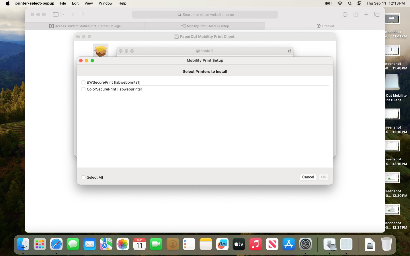 Printer selection screen displaying BW and Color SecurePrint options.