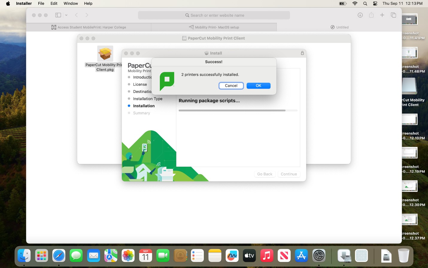 Success message showing two printers successfully installed in Mobility Print.