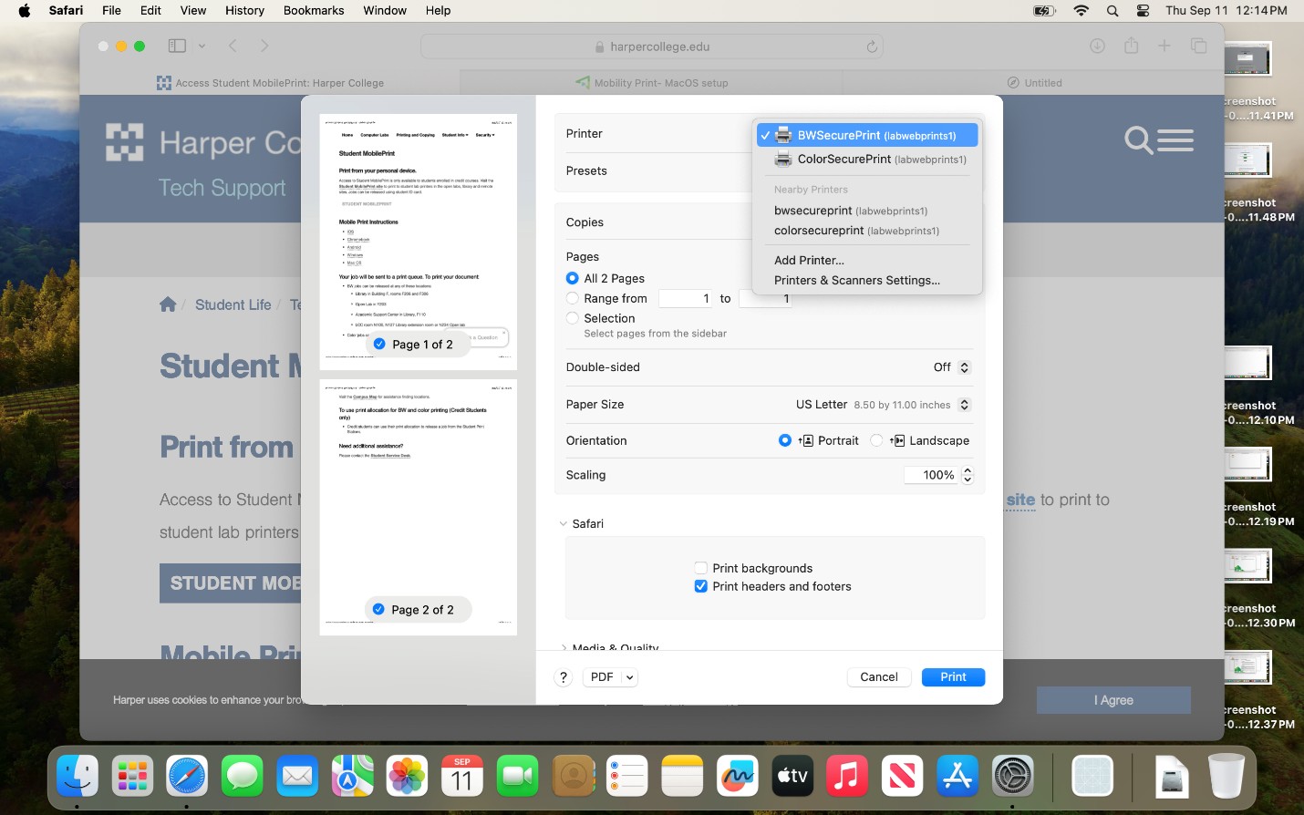 Mac print dialog showing BWSecurePrint and ColorSecurePrint printer options.