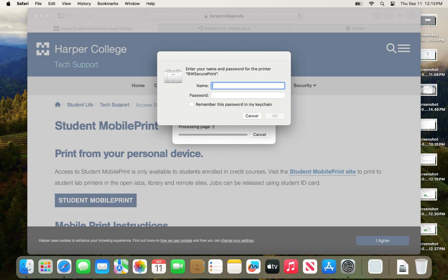 Prompt asking for username and password to use the BWSecurePrint printer.