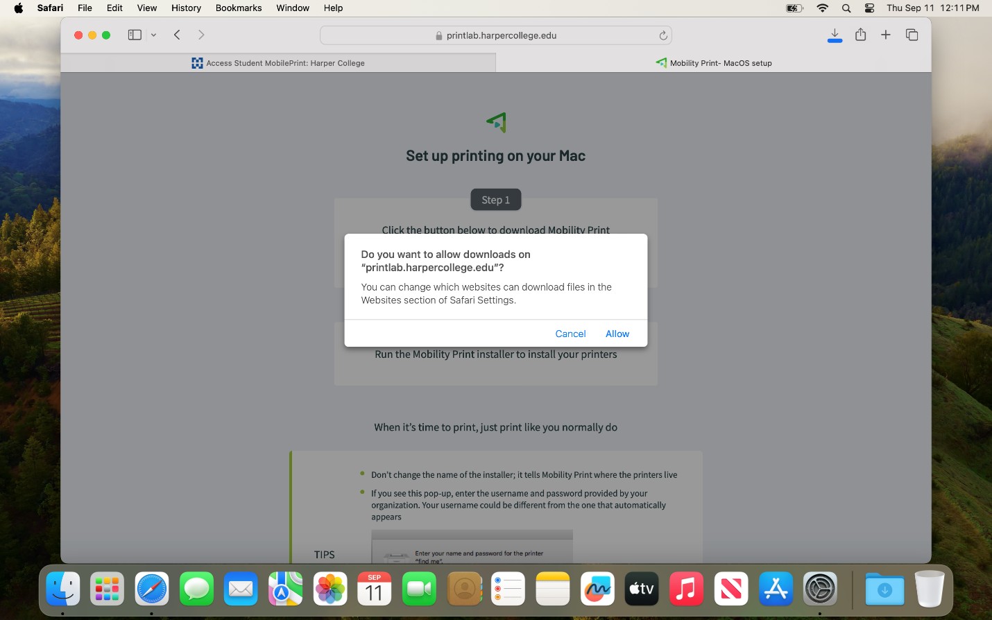 Safari pop-up asking to allow downloads from printlab.harpercollege.edu.