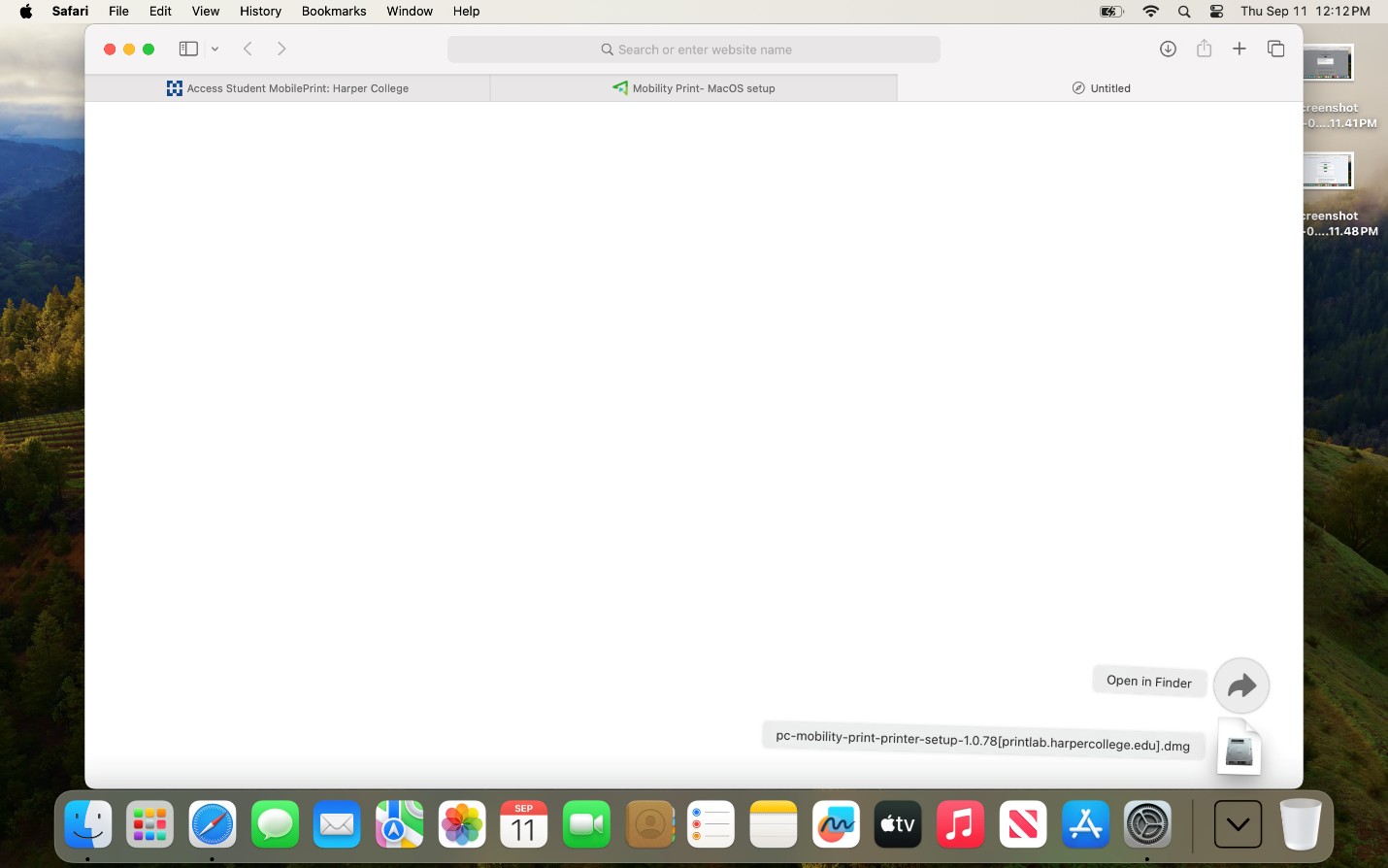 Downloaded Mobility Print installer file appearing in Safari.