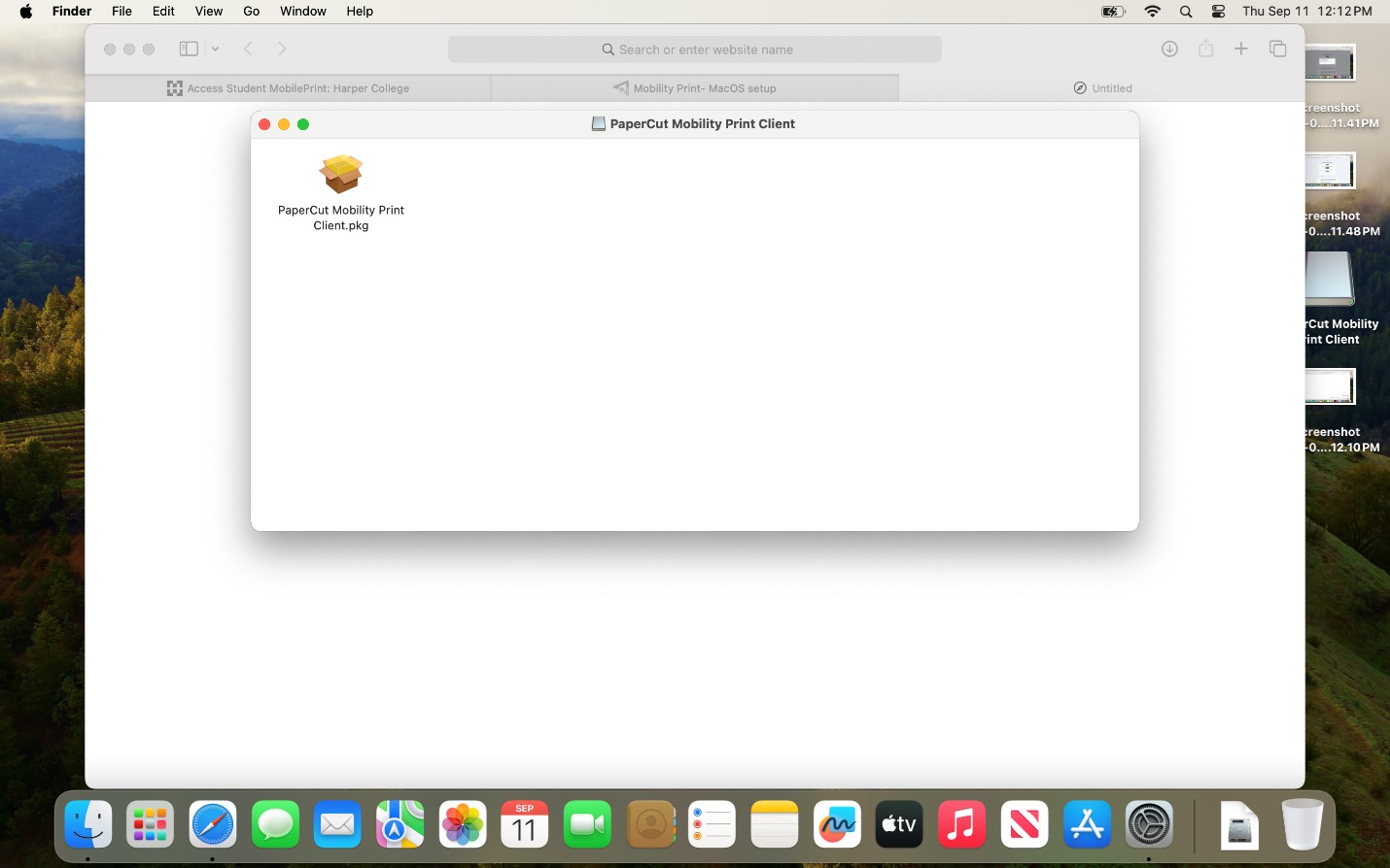 Finder window showing the downloaded PaperCut Mobility Print Client.pkg file.