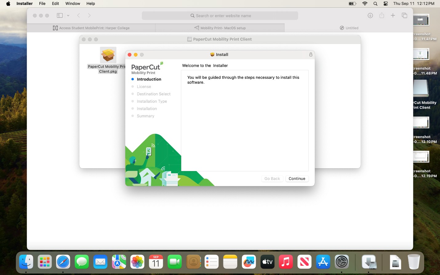 Mobility Print installer introduction screen on Mac.