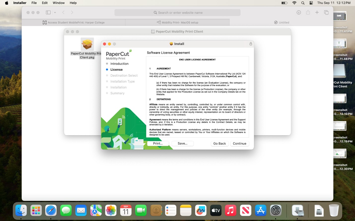 Software license agreement screen in the Mobility Print installer.