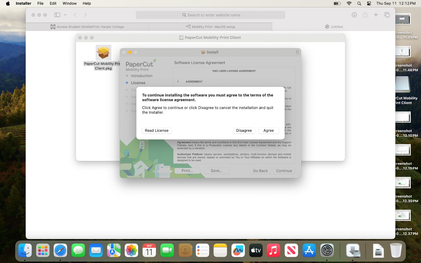 Pop-up asking user to agree to the software license terms.