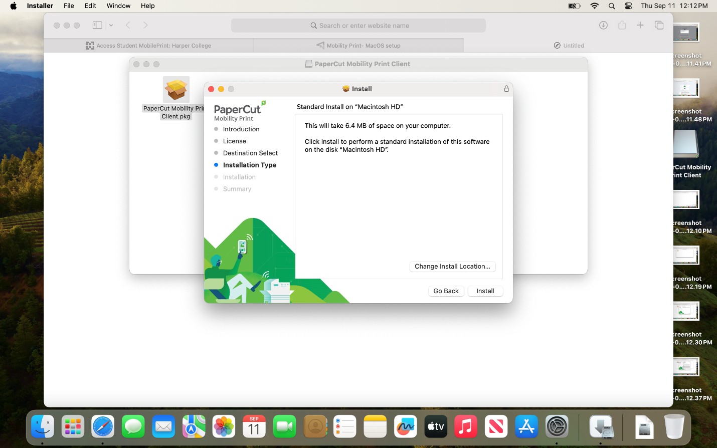 Installation type screen showing standard installation on Macintosh HD.