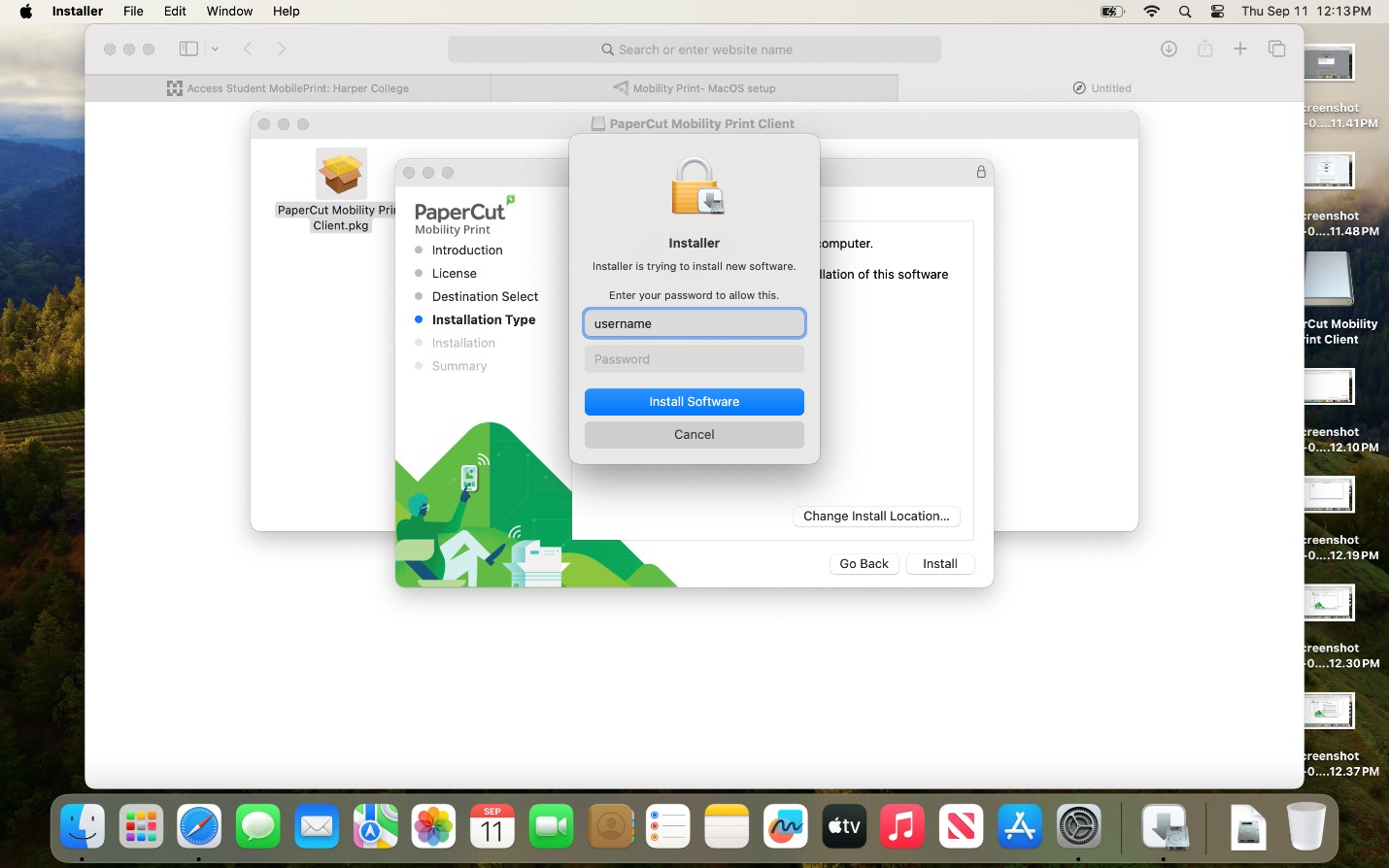 Mac pop-up requesting username and password to install software.