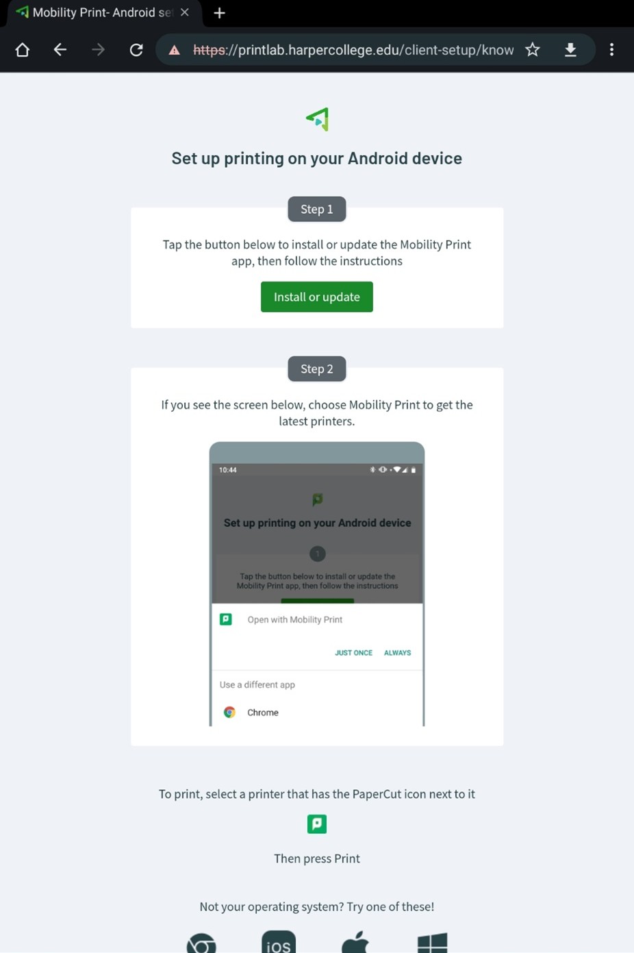 Mobility Print setup page with steps to install on Android.