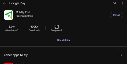 Google Play page for Mobility Print showing Install button.