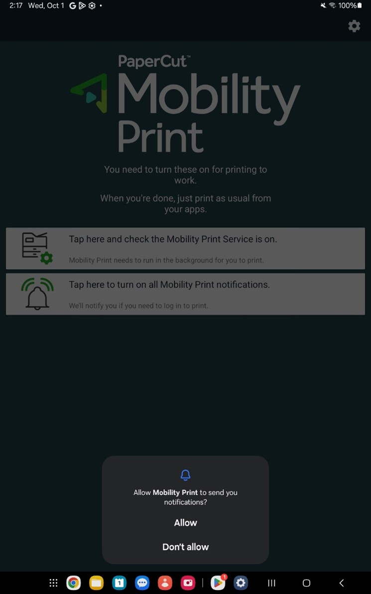 Mobility Print screen prompting to enable service/notifications; system asks to allow notifications.