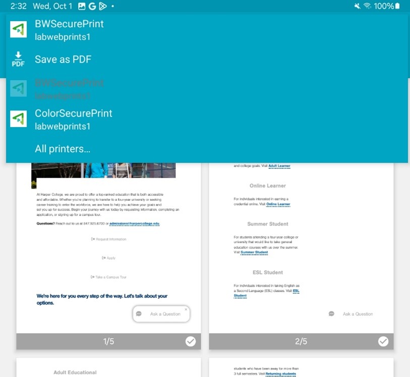 Android printer menu showing BWSecurePrint and ColorSecurePrint options.