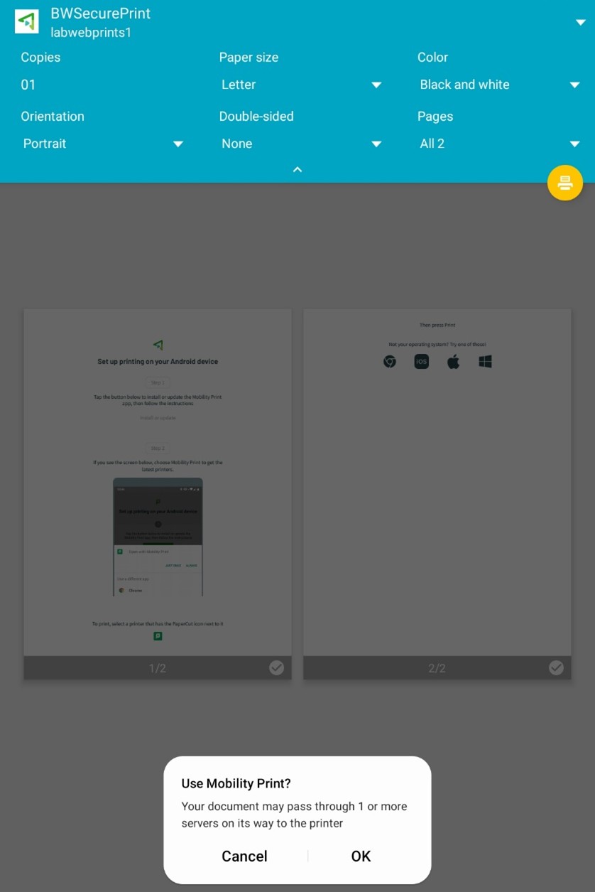 Android print settings (copies, paper size, color) with “Use Mobility Print?” confirmation.
