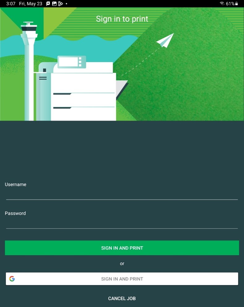 Mobility Print login screen with username and password fields.