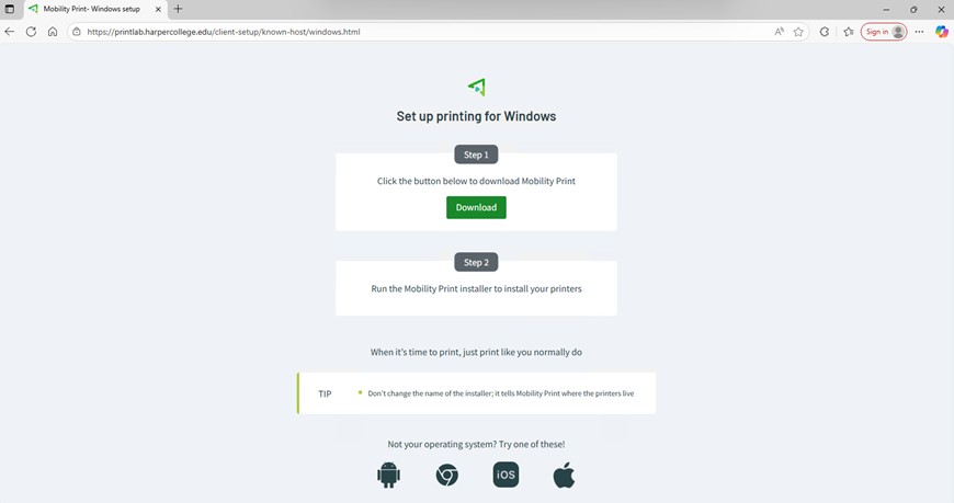 Screenshot of the Mobility Print setup page showing Step 1 Download button for Windows installation.