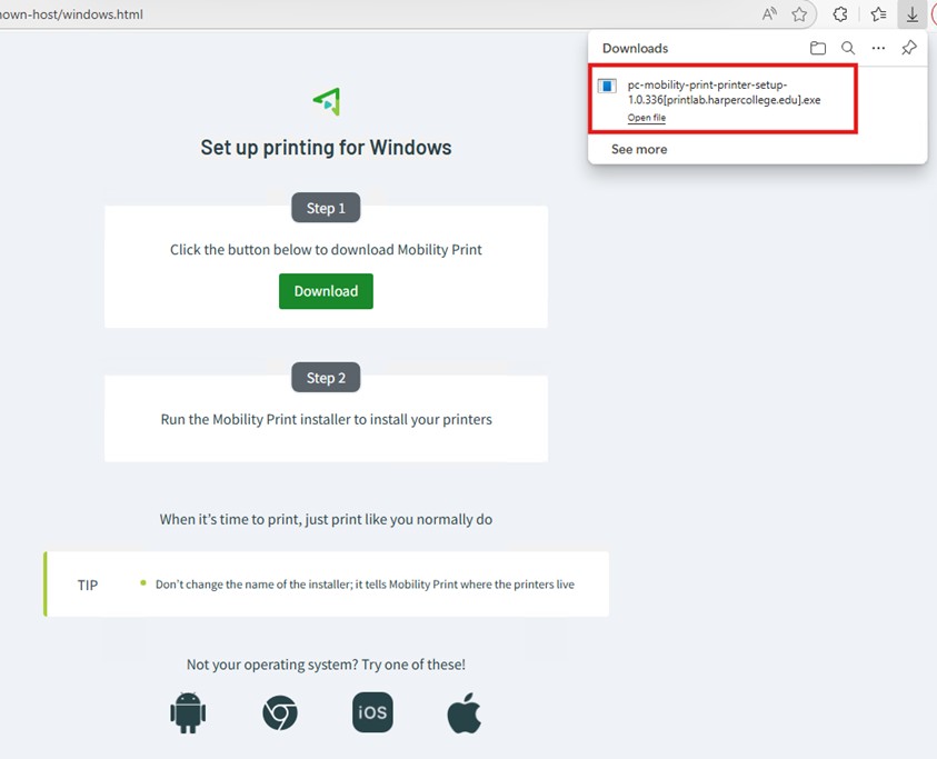 Screenshot showing the Mobility Print installer file downloaded in the browser’s downloads panel.