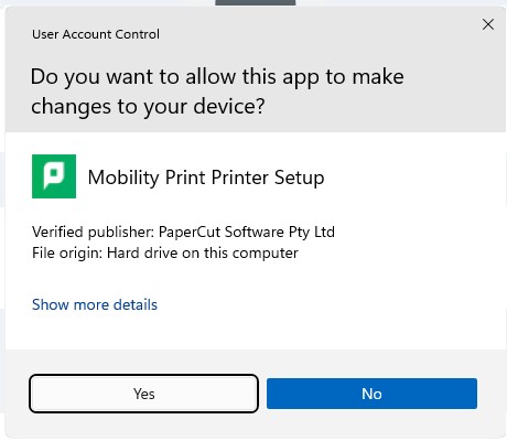 Windows User Account Control prompt asking to allow Mobility Print Printer Setup to make changes.