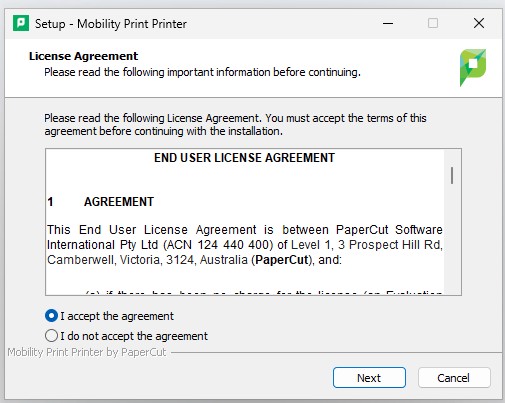 Mobility Print License Agreement screen with option to accept the agreement and click Next.