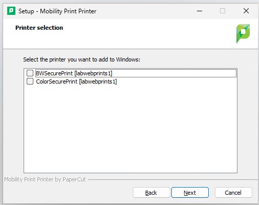 Printer selection window showing options for BW Secure Print and Color Secure Print.