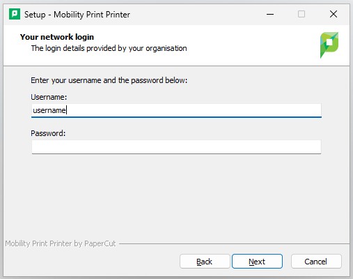Login window prompting user to enter Harper username and password for printer setup.