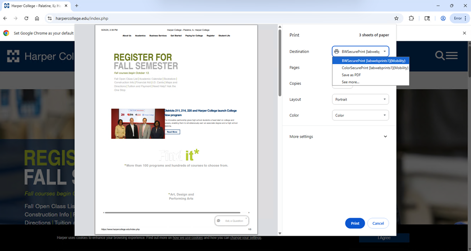 Chrome print dialog showing BWSecurePrint and ColorSecurePrint available as printer destinations.