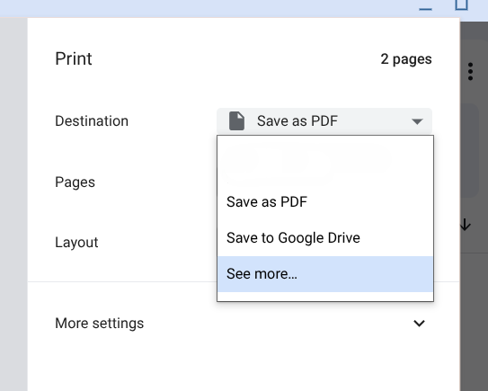 print destination menu