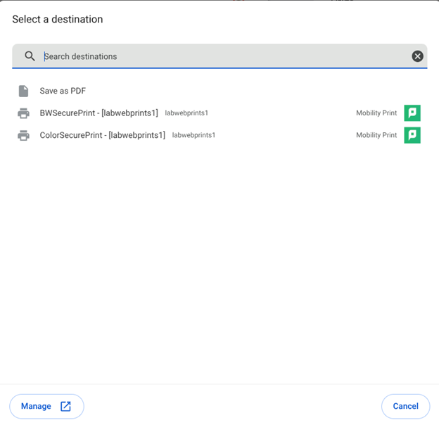 chromebook print color selection menu