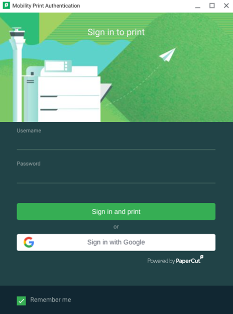 Mobility Print sign in screen