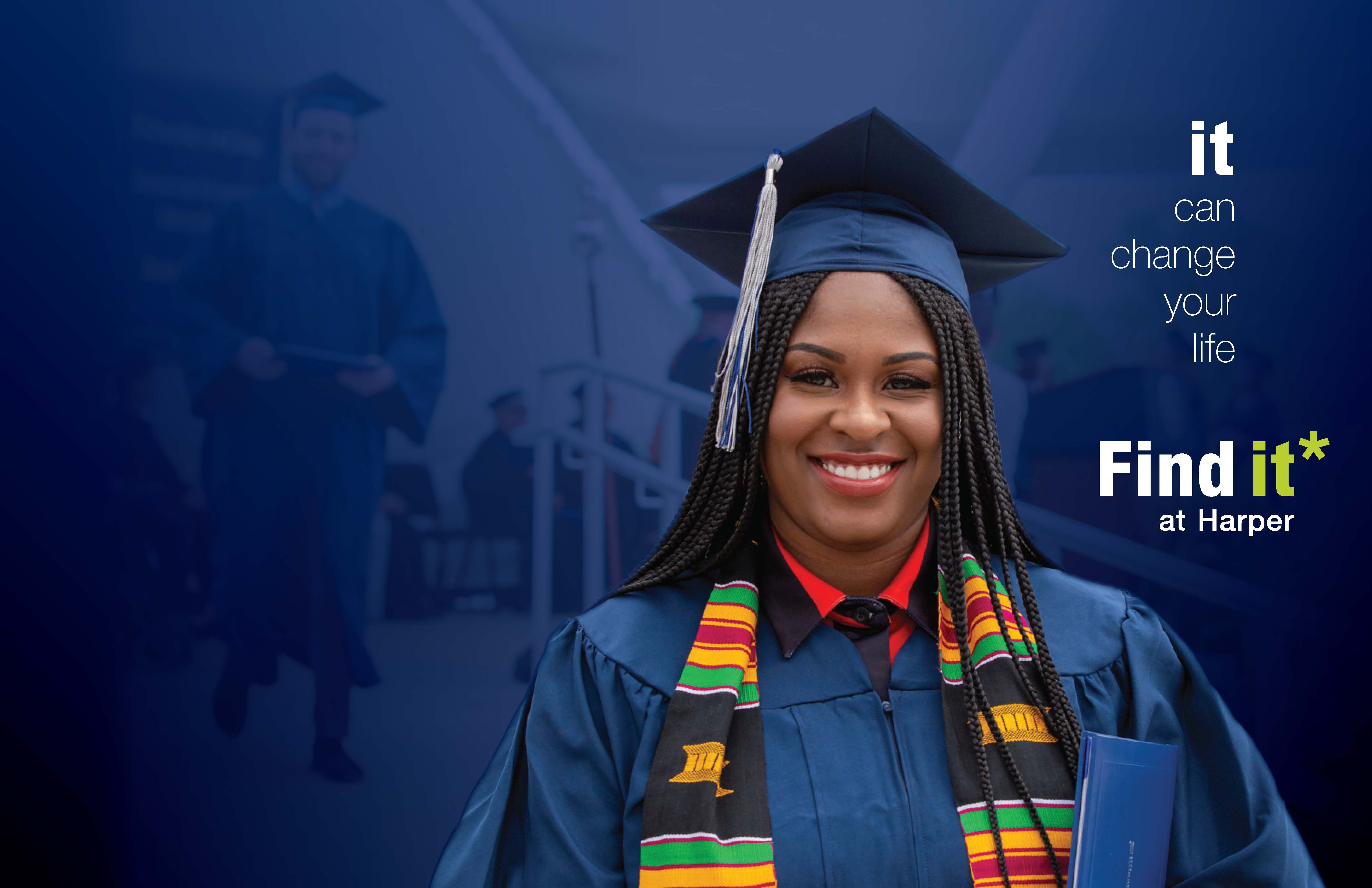 Find it interior spread featuring smiling graduate