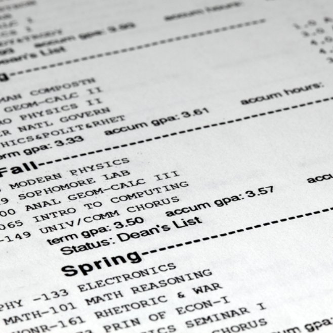 A closeup of an academic transcript