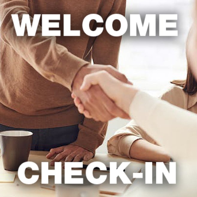 Two people shaking hands behind the text saying "Welcome Check-In"