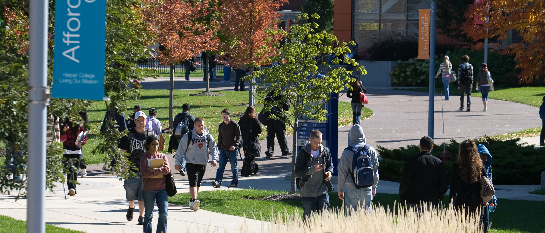 Students walk on the Harper campus