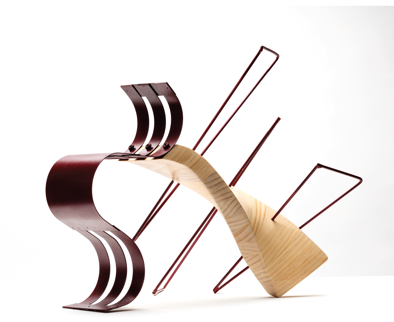abstract wood and metal sculpture with wire and curves