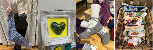 four images of studio v products, such as hand knit items and picture frames