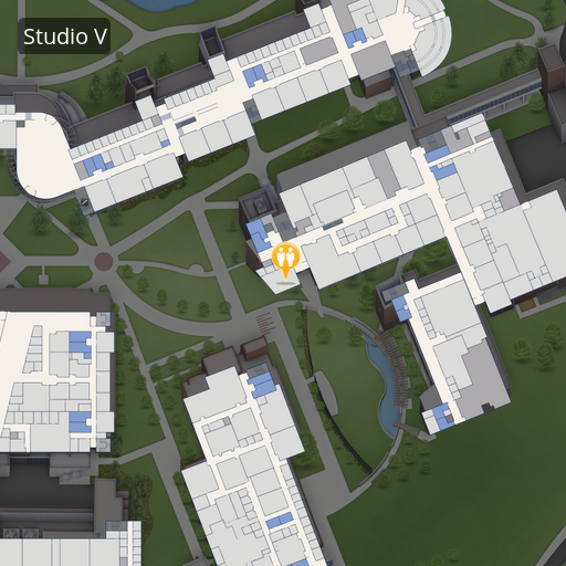 Map showing Studio V near Building H's west entrance.