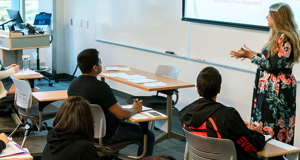 Teacher presents at the head of classroom.