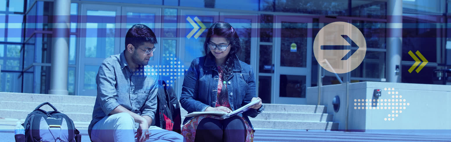 Students sit on steps of Avante. Arrows from University Center branding overlay the image. 